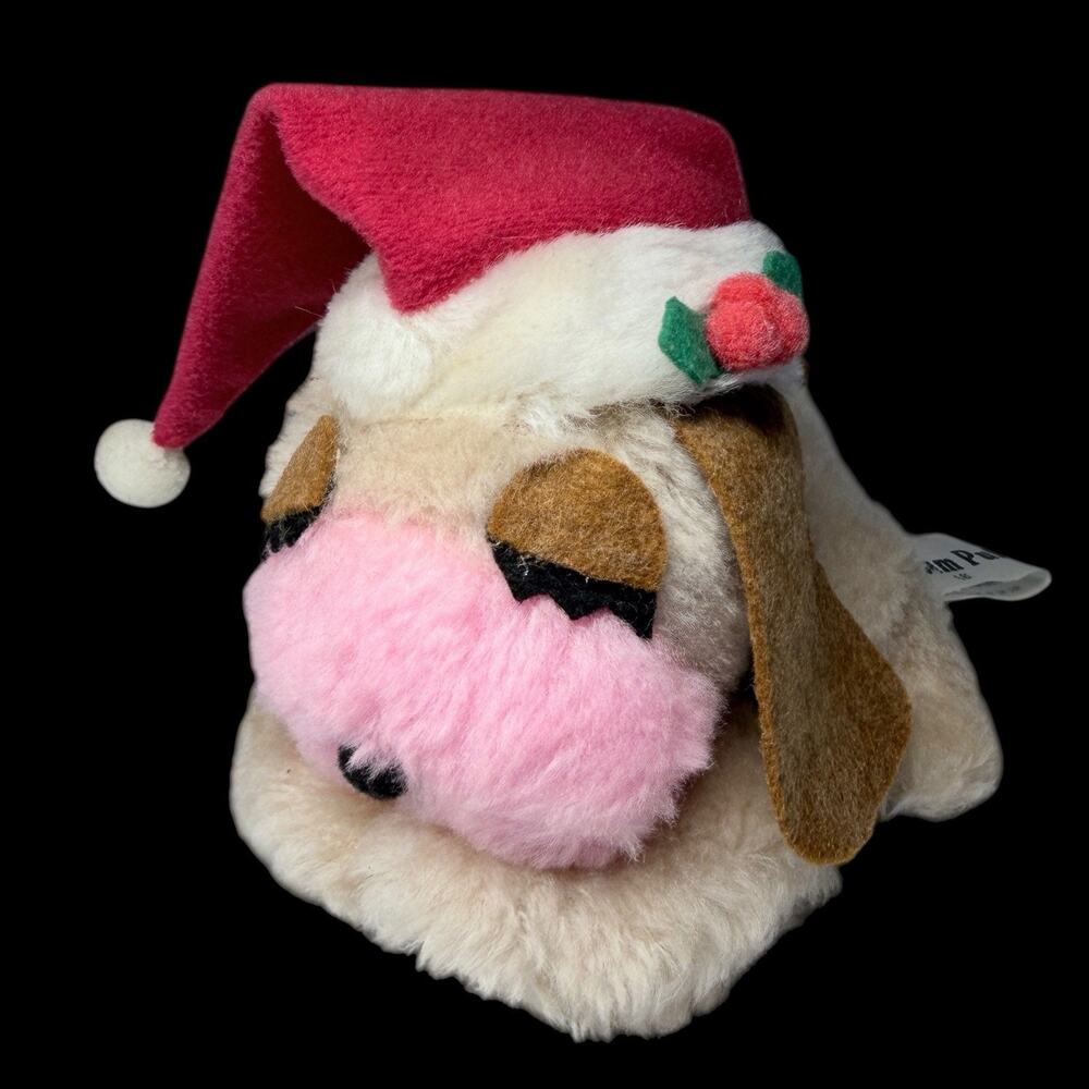 Vtg 1973 Wallace Berrie Cream Puff Christmas Dog Plush Santa Hat Korea